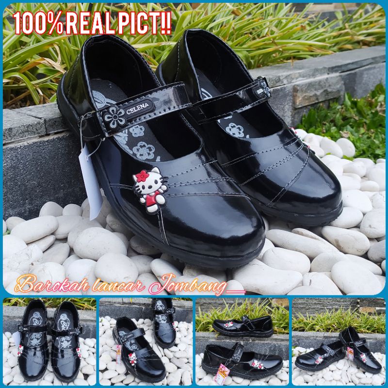 Sepatu anak TK SPORTY / Celena F09/10 Sepatu Pantofel Anak Hello Kitty Kilap Size 26-35 Hitam