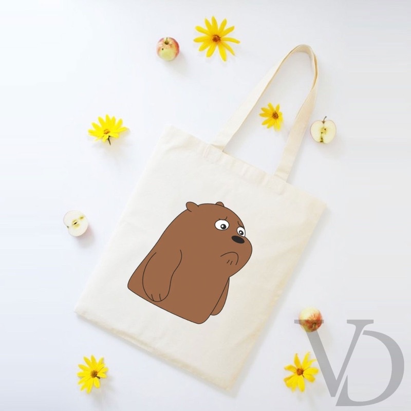 TOTE BAG BAHAN KANVAS GRIZZLY CUTE TOTE BAG / TAS BELANJA MOTIF KOREA