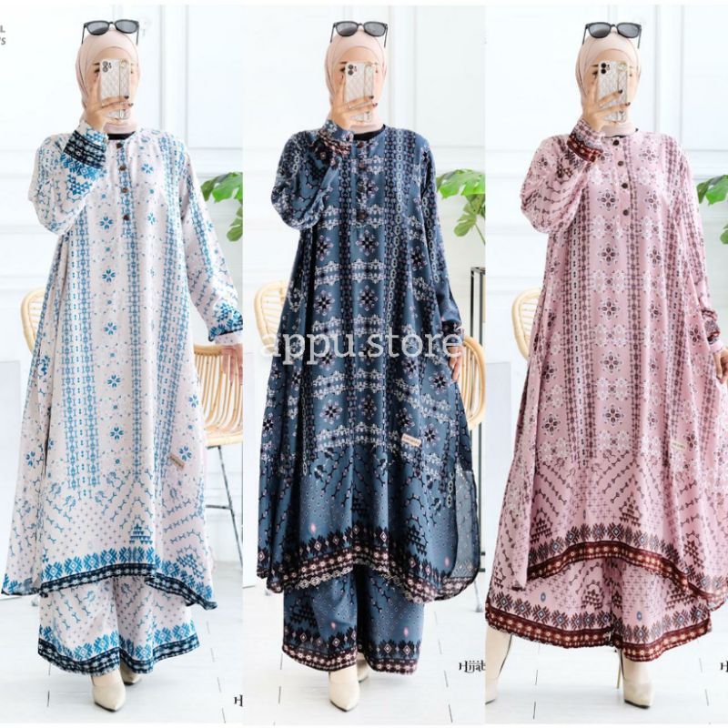 EMIRA ONE SET HIJAB SISTERS / BAJU SETELAN MUSLIM JUMBO PREMIUM MOTIF BATIK ETNIK ABSTRAK FASHION MU