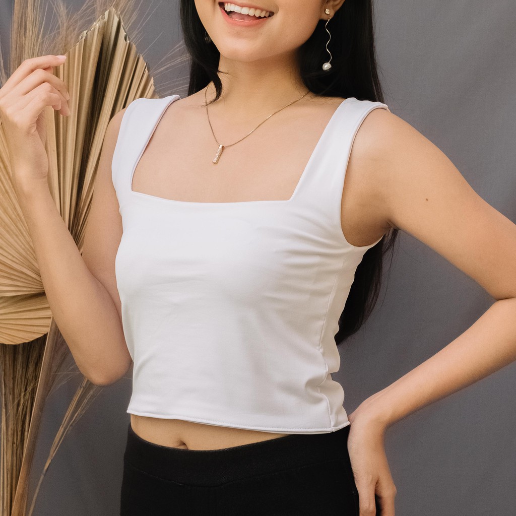 Firstact ODETTE TALI BESAR CROP TOP Tank Top Wanita bahan Spandex-Putih allsize