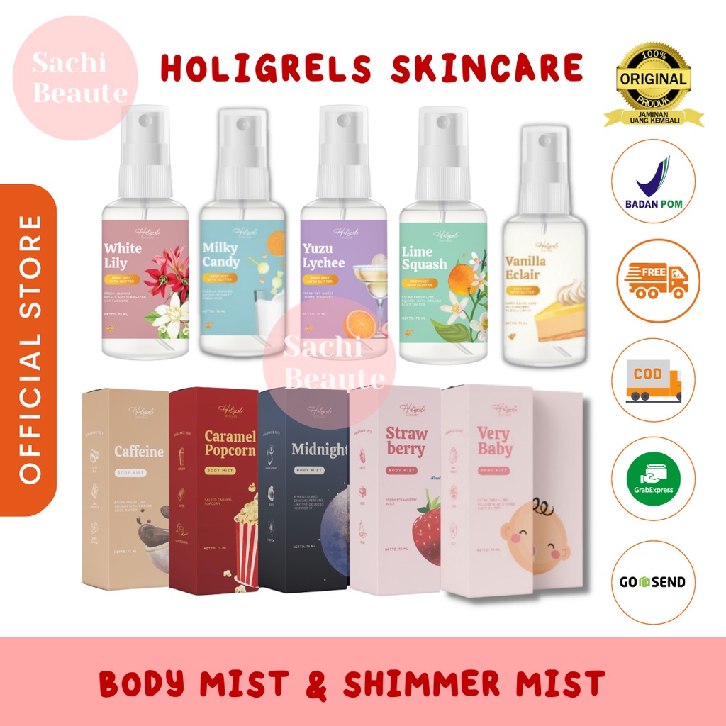 HOLIGREL BODY MIST AND SHIMMER MIST PARFUME | Body mist vanila yuzu lime white lily body mist wangi roti o parfum viral tiktok parfum vanila Holigrels Holygrail Holygrel Holygrels Deo Holydeo Spray Sprays