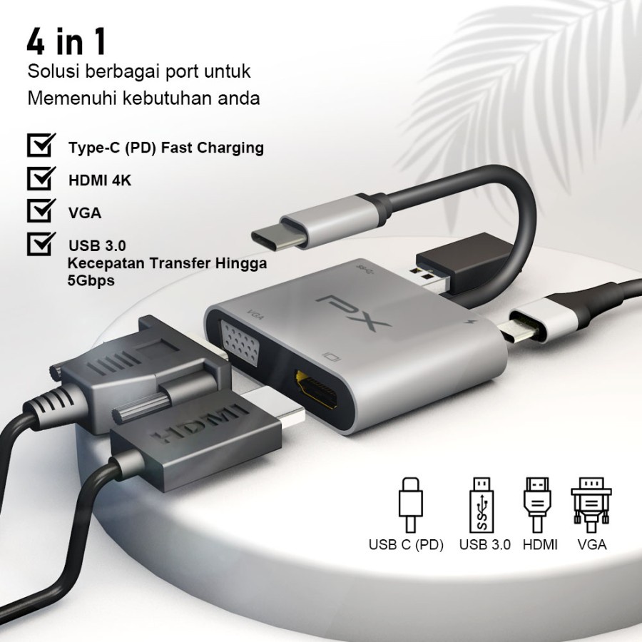 PX UCH14 4K Type C To VGA USB Hub Converter Adaptor 4in1