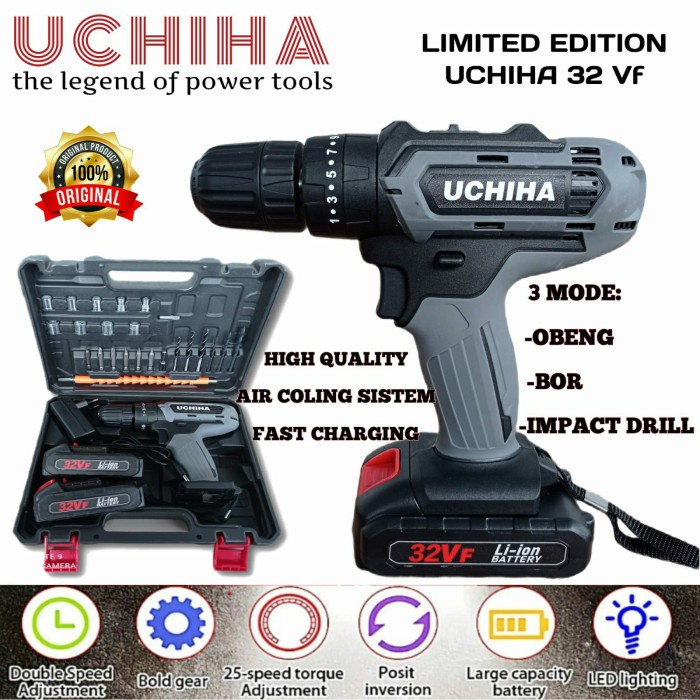 Mesin Bor Baterai Cordless Impact Drill Merk Uchiha 10mm Type 32vf