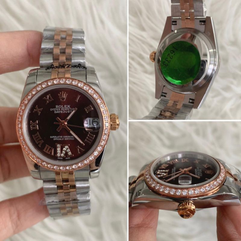 JAM TANGAN WANITA ROLEX DATEJUST RING DIAMOND ANGKA ROMAWI RANTAI COMBI
