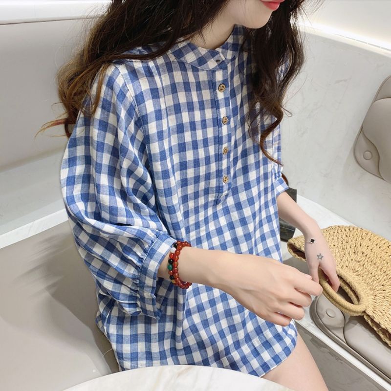 MDLV ~ 8939# Fernanda Plaid Shirt Kotak Kecil Blouse Kotak Import