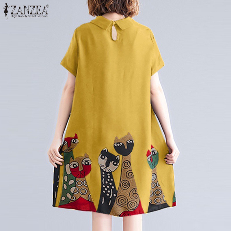 ZANZEA Women Vintage Short Sleeve Turtleneck Animal Printed Midi Dress