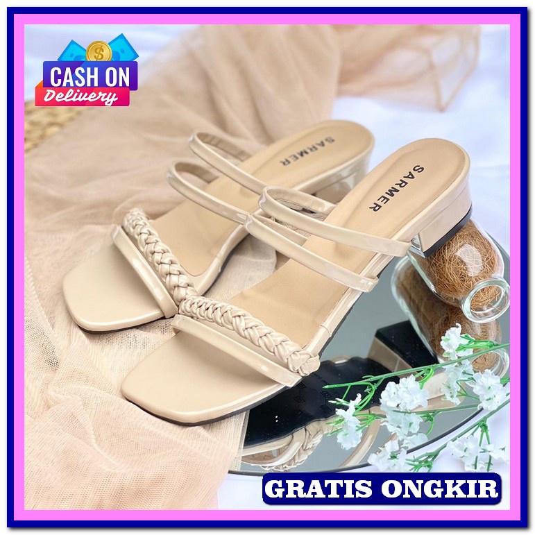 Sandal Heels Wanita Kekinian Sandal Hils Terbaru 2023 Murah Korea Kore Sarmer - Litha Heels Cream