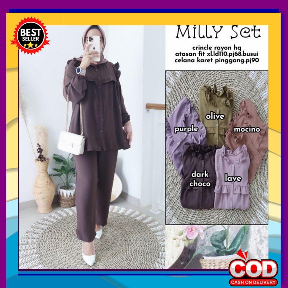 Vente Daily Aurel Oneset Setelan Wanita Muslim Polos Long Tunik Ld 120 Milly Set Rayon Crincle || St