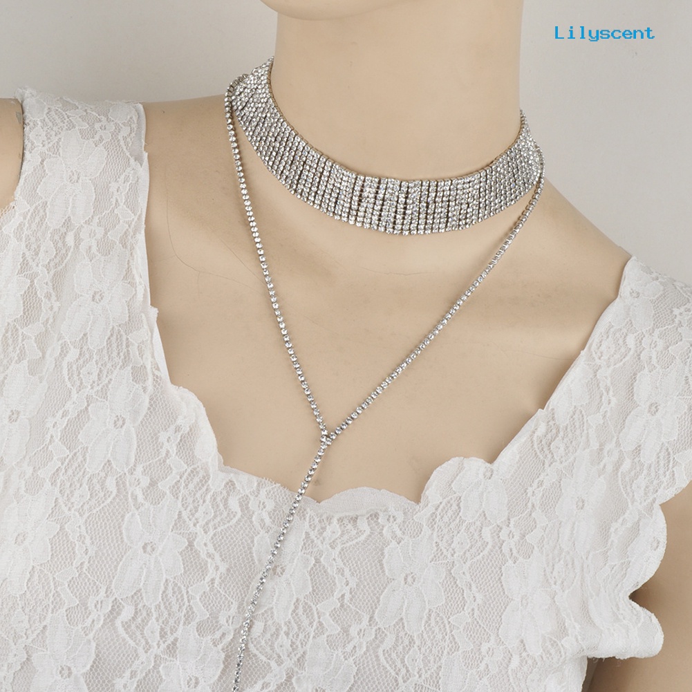 Kalung Choker Rantai Berlian Imitasi Multilayer Untuk Wanita