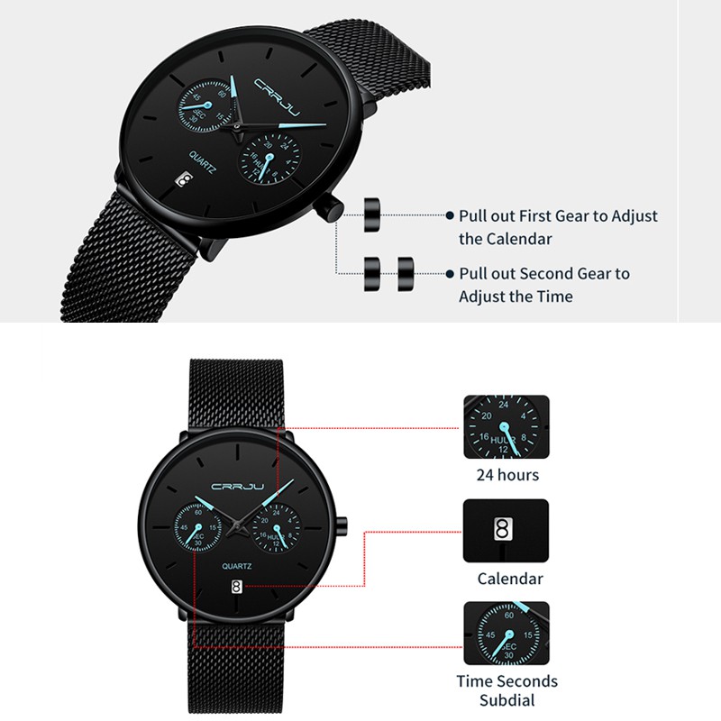 Jam Tangan Pria CRRJU Baja Penuh Kasual Jam Tangan Tahan Air Jam Tangan Kuarsa Olahraga Tanggal Otomatis Jam Tangan