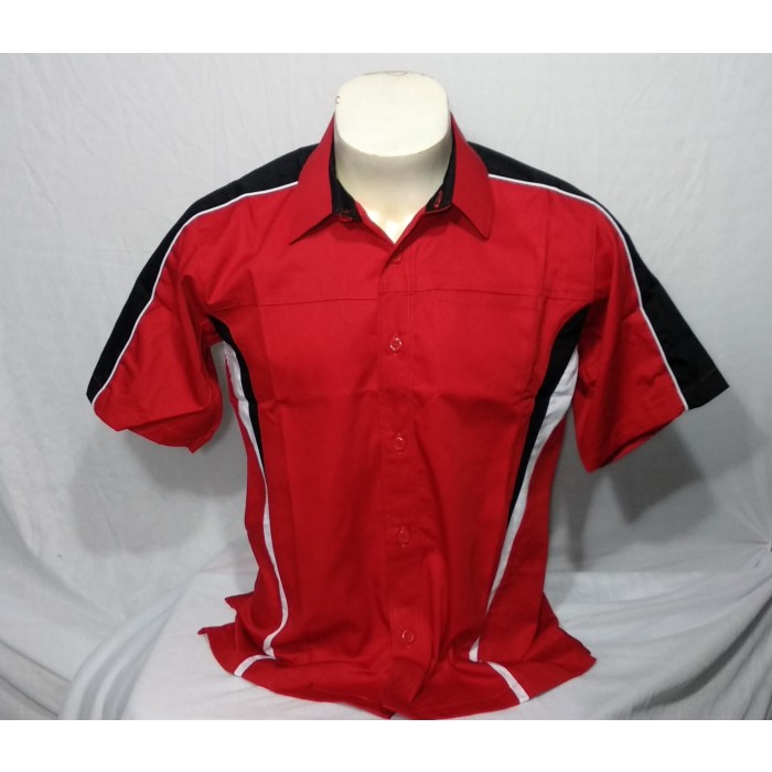DISKON COD Kemeja Polos Seragam, Baju Kerja/Komunitas, American Drill Merah Hitam - M