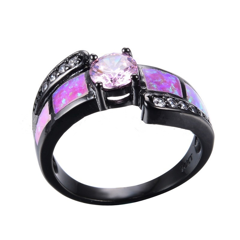 New black gold and pink round diamond opal ring