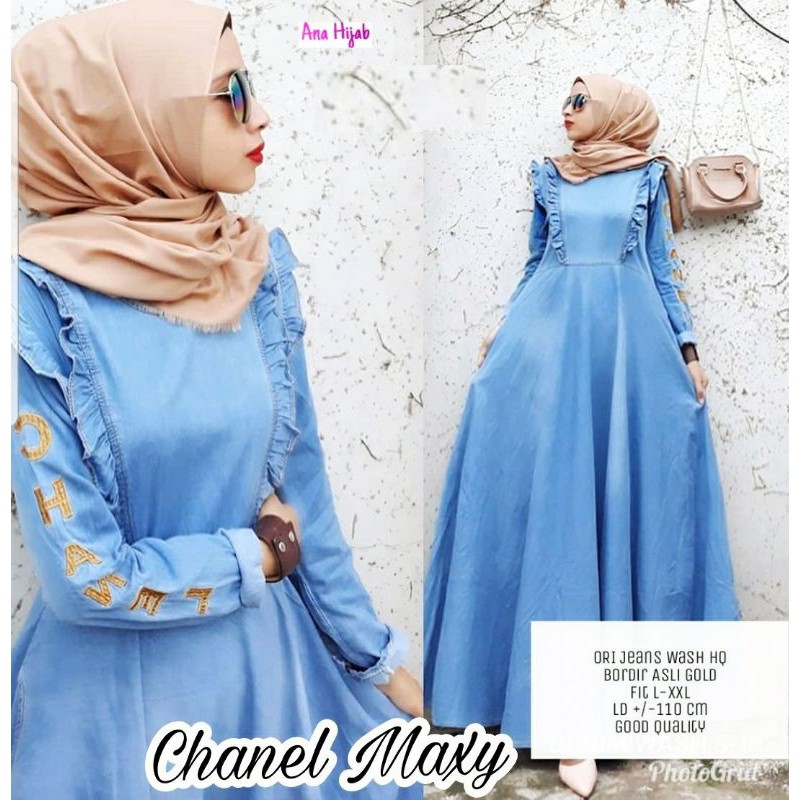 Chanel Maxi by Ana Hijab Gamis Jeans aplikasi Bordir Cantik dan Simpel