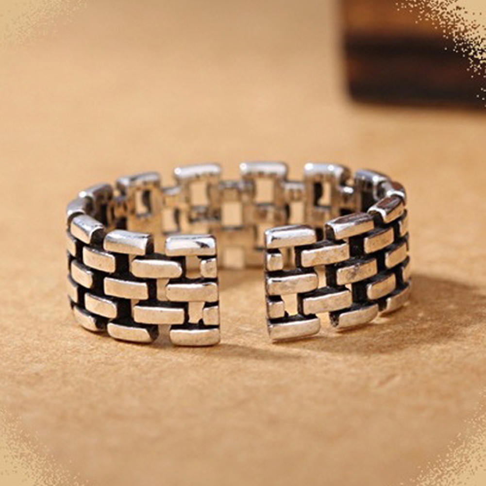 Cincin Open Ring Retro Desain Bata Susun Lapis Perak