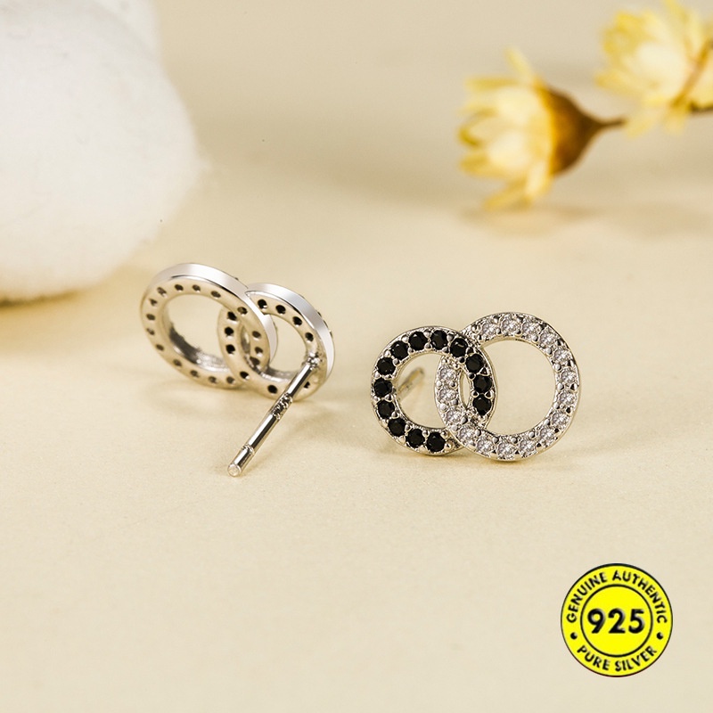 Anting Tusuk Sterling Silver 925 Desain Lingkaran Kecil Hias Zircon Hitam Putih Untuk Wanita