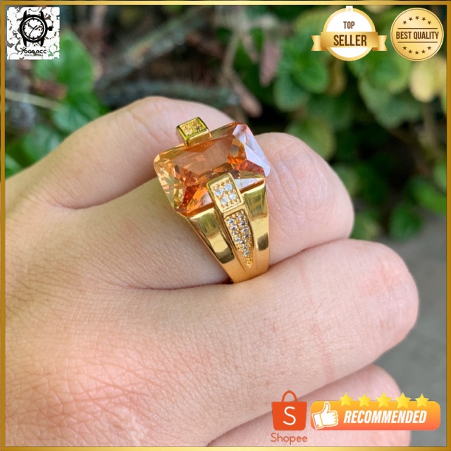 Cincin Pria Mewah Batu Kecubung Teh Smoky Quartz Champagne Kantoran Ring Gold Filled