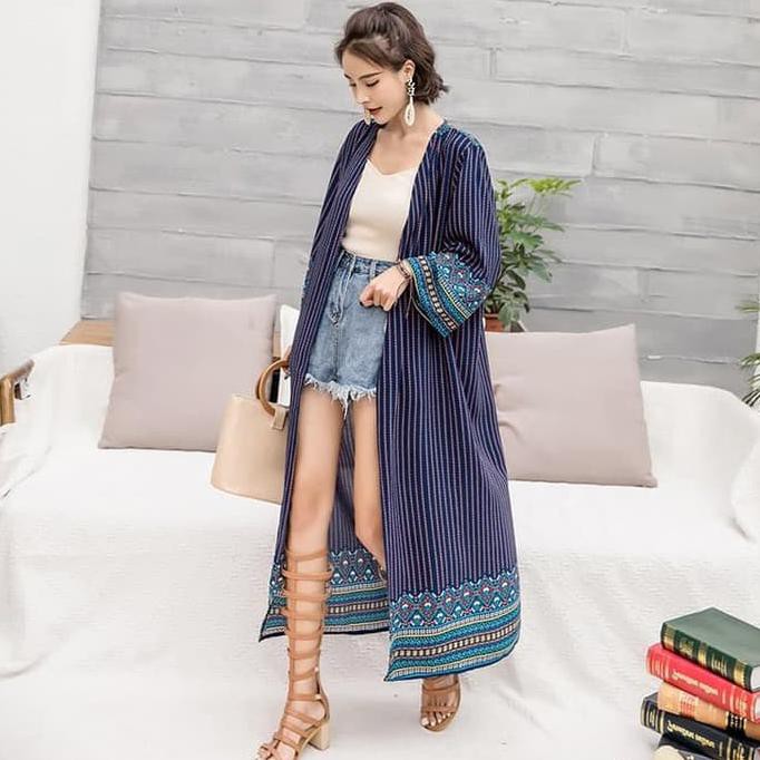 Dijual Beachwear Cardigan Boho Kimono Lengan Panjang Bohemian Dress Outfit - Putih Berkualitas