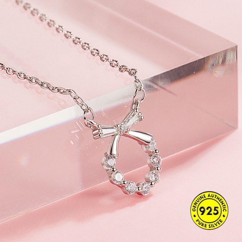 Kalung Rantai Sterling Silver 925 Dengan Liontin Pita + Berlian Imitasi Untuk Wanita