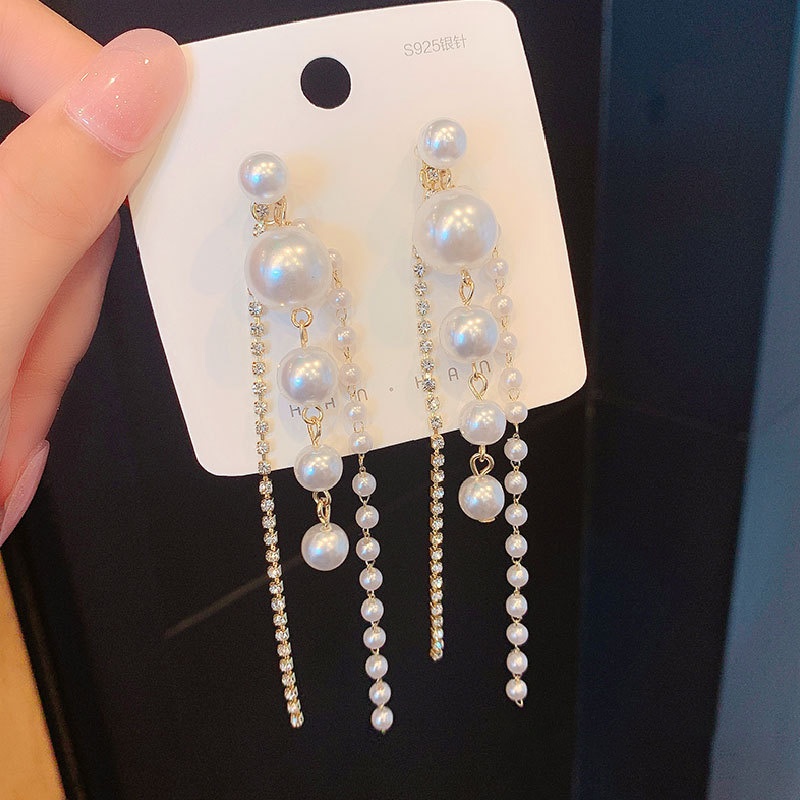 Anting Gantung Panjang Tusuk Silver S925 Gaya Korea Motif Hati Aksen Rumbai + Mutiara + Berlian Untuk Wanita
