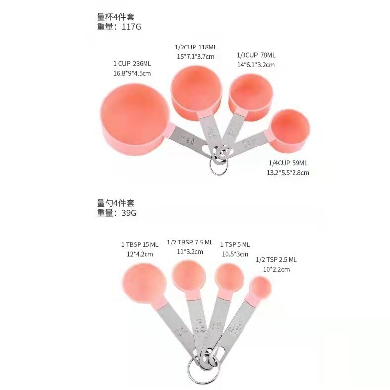 Sendok Takar 8 PCS Plastik + Stainless Warna Cantik Korea Pink Cyan Grey Black Hitam Gabungan Ukur Cup Measuring Spoon Penakar Tepung Bahan dapur