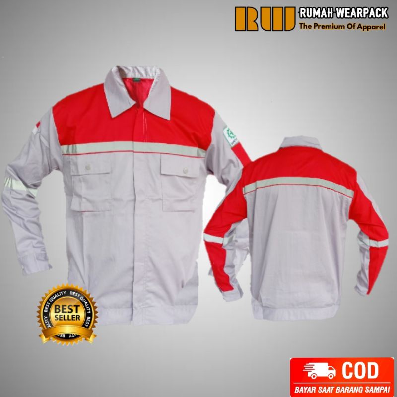 Baju Kerja/ Wearpack Proyek Atasan Warna Abu Muda Merah