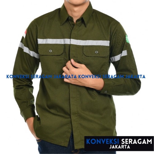 Baju Kemeja Safety K3 Lengan Panjang - Seragam Kerja Atasan Wearpack Werpack Werpak Proyek Tambang Warna Hijau Army  Pria Wanita - Konveksi Seragam Jakarta