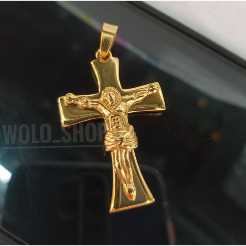 Liontin Titanium Salib Asli Original Gold