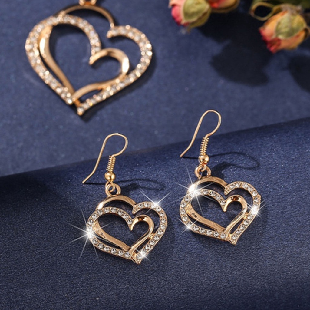 Hu Hu Hu Hu Hu Alat Bantu Pasang Kacamata♡ 1 Set Kalung Gelang Anting Liontin Hati Ganda Model Rongga Untuk Wanita