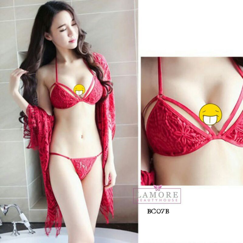 Seksi set bra CD lingerie G string brokat putih transparan premium - BC07C