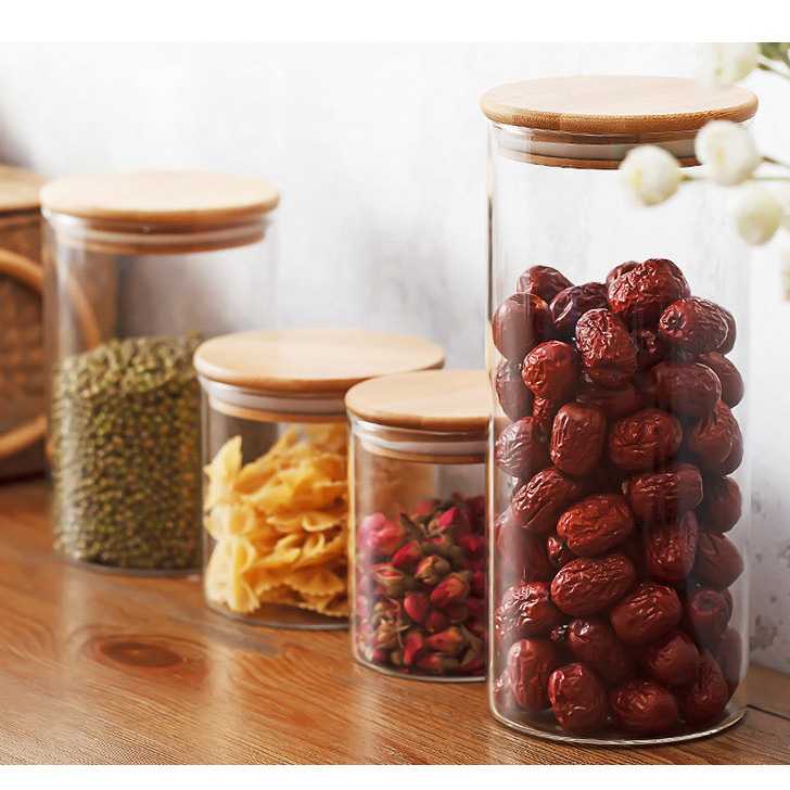 SH9 Bamboo jar Glass Borosilicate Toples Kaca Tutup Bambu Kayu Kedap Udara atau Tempat penyimpanan Makanan Toples Bumbu dengan tutup kayu bambu