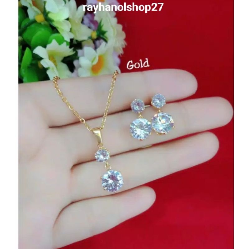 SET PERHIASAN WANITA TITANIUM MOTIF BATU PERMATA