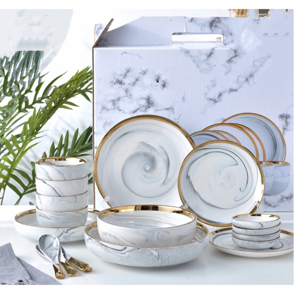 Piring makan marble series 18 pcs with GIFT BOX Shopee 