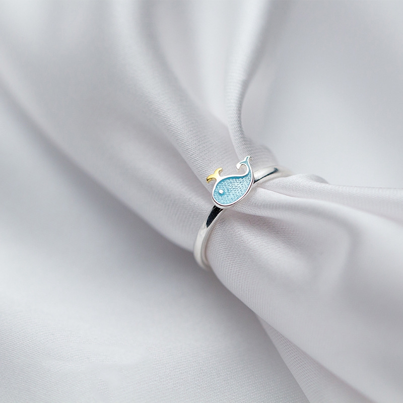 Cincin Model Terbuka Desain Ikan Paus Biru Gaya Korea untuk Wanita