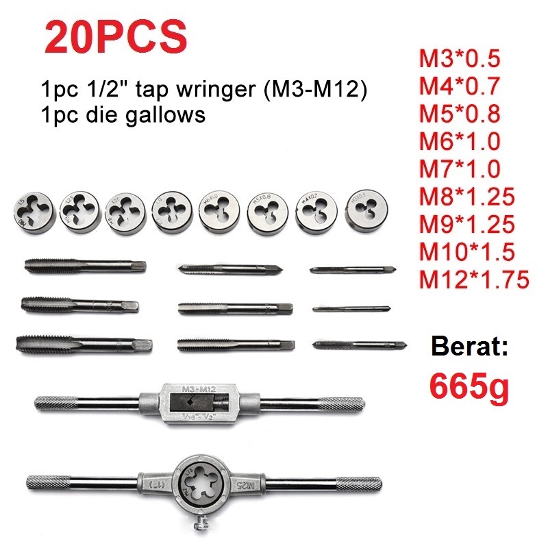 Tap And Die Set 20 Pcs Tap Dan Dies Senai Ulir Drat Baut Mur Snai Snay ZEKI