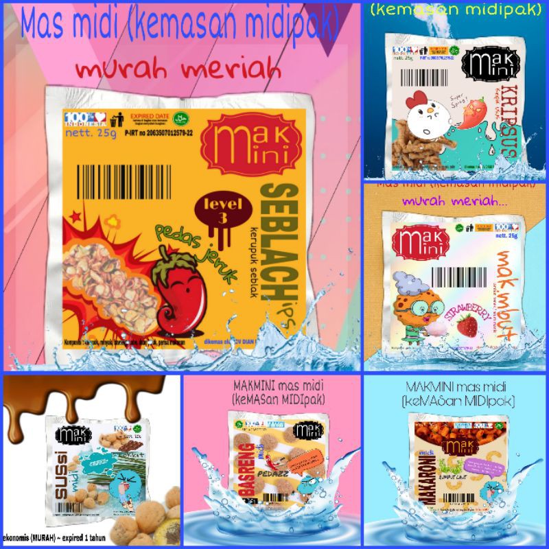 

MAKMINI mas midi (kemasan midipak) makaroni, basreng, seblak, sussi coklat, kripsus, mak.mbut