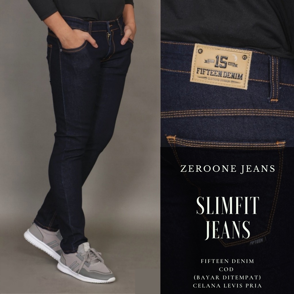 FIFTEEN DENIM - Celana Jeans Pria Slim Fit Streetch Original Biru Dongker