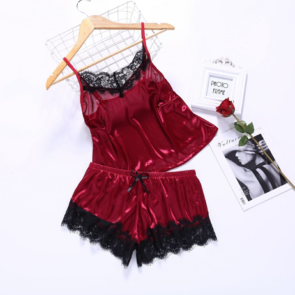 PM Pakaian Dalam Wanita Set Lingerie Celana Renda Seksi + Tank Top Set Baju Tidur Malam baju tidur set baju celana - 3123-Red