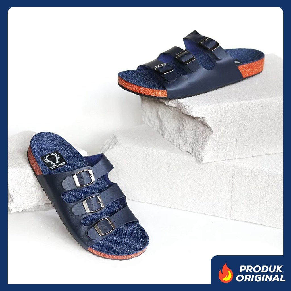 KENICHI III NAVY x KOJO Sandal Casual Biru Dongker Pria Sendal Slide Jalan Santai Harian Hangout Main Slop Kerja Formal Kondangan Lebaran Selop Remaja Dewasa Bapak Bapak Kado Orang Tua Semi Kulit Premium Distro 03 Footwear Ban Tali 3 Strap Keren Terbaru