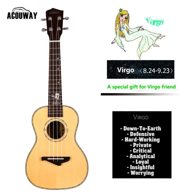 Acouway Ukulele glossy Concert ukelele with  Virgo Gemini taoo solid spruce top rosewood side birthday gift