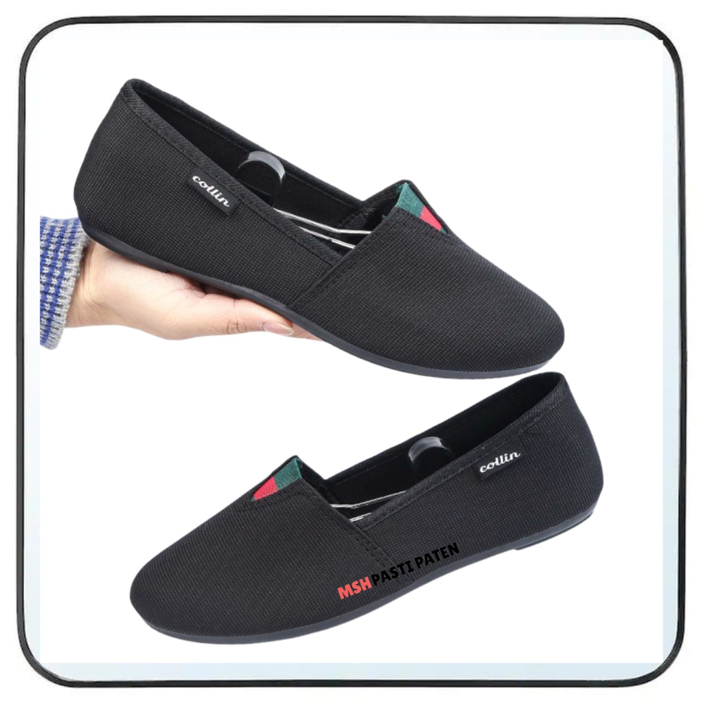 COLIN-Sepatu hitam wanita flatshoes balet bahan kanvas nyaman dipakai original BX8110-H