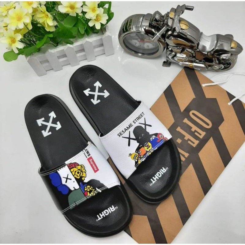 SANDAL OFF WHITE SANDAL SLIDE PRIA SANDAL SLOP OFF WHITE SENDAL FLAT WANITA & PRIA SANDAL KAWS-SUPREME BLACK