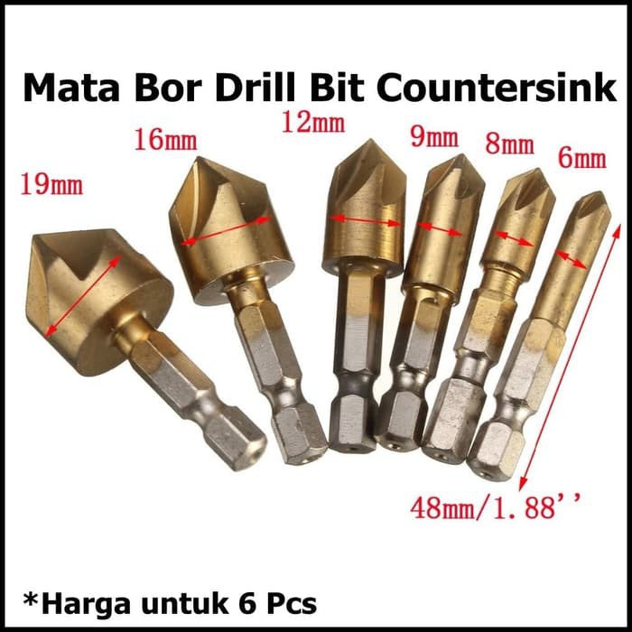 Set 6 pcs Mata Bor Drill Bit Countersink HSS 6mm sampai 19mm