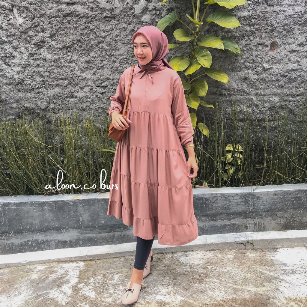 Tunik Midi Dress Rempel Susun Bahan Rayon Premium - Midi Dress Polos Wanita Terbaru