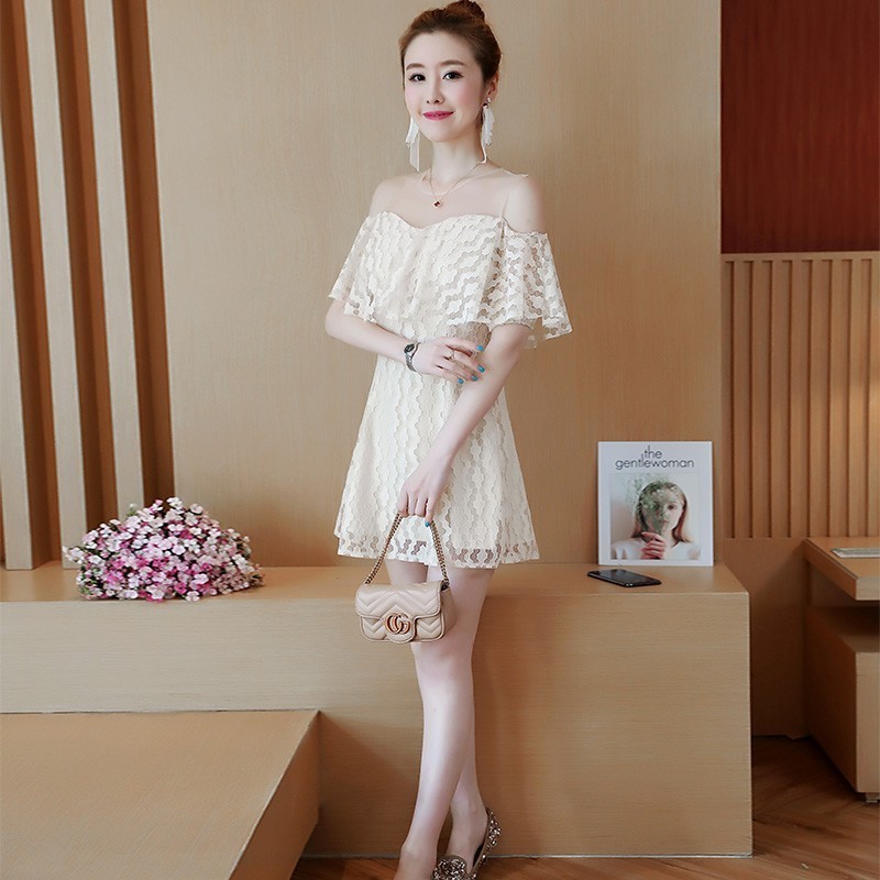 Dress Midi Model Off Shoulder A-Line Bahan Lace Mesh Gaya Korea Casual untuk Wanita