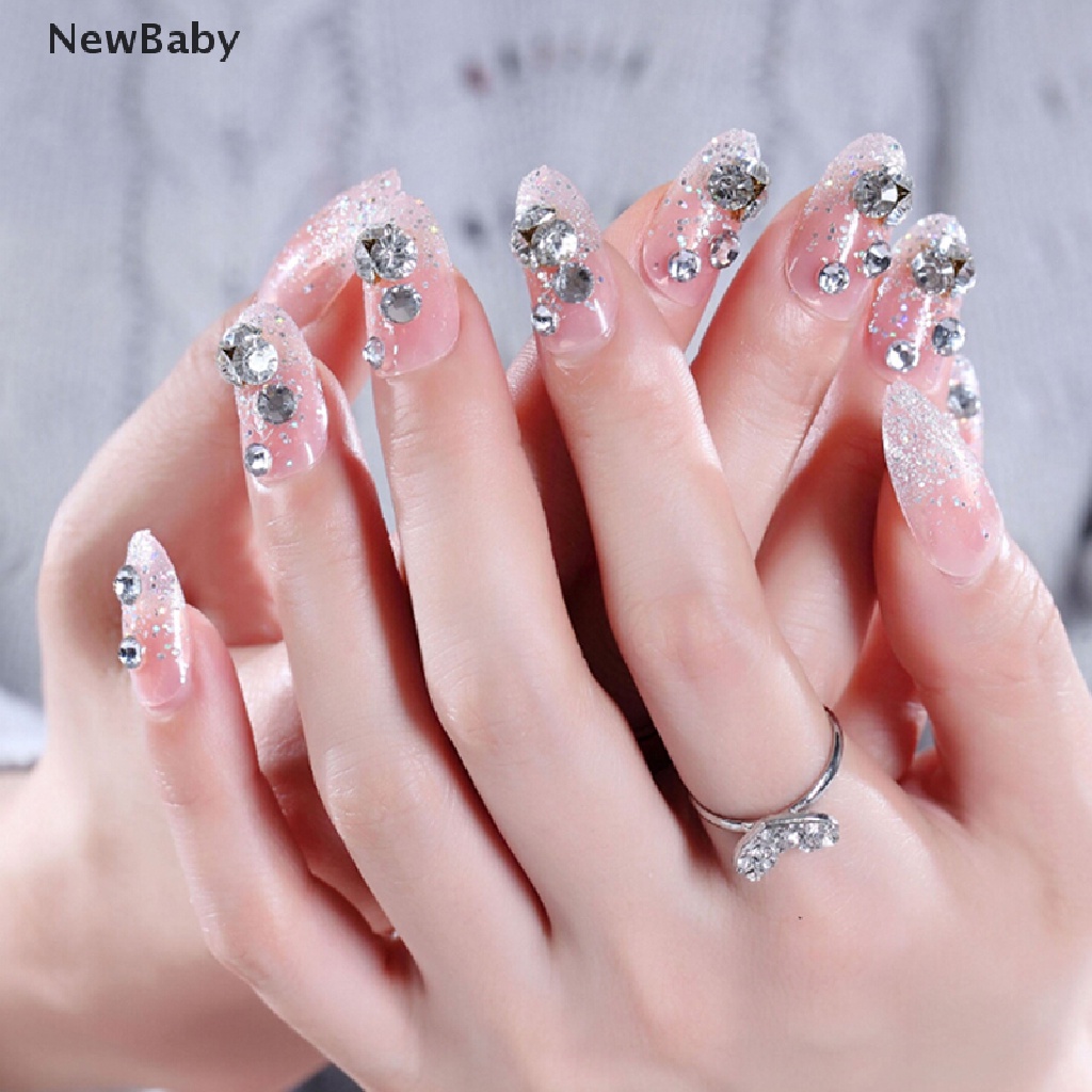 Newbaby 24Pcs / Set Kuku Palsu 3D Aksen Berlian Imitasi pink Transparan Untuk Nail Art / Manicure