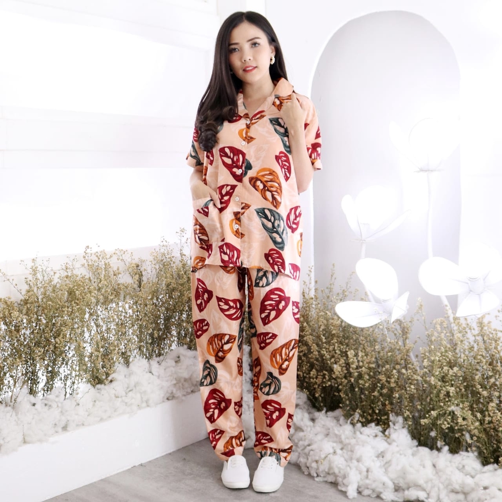 Set Piyama Tie Dye CP HP Narita Bahan Rayon Size XL &amp; XXL Motif Daun Janda Bolong