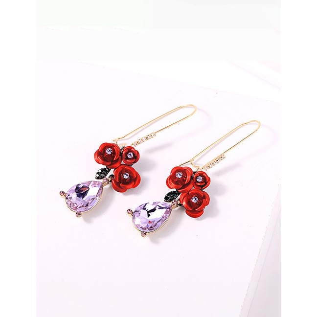 LRC Anting Tusuk Fashion Red Flower Drop Diamond Earrings F52115