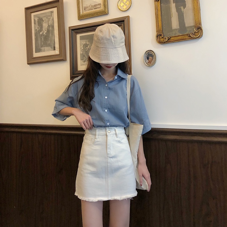 Rok Jeans Pendek A-Line Rok Denim Skirt Pinggang Tinggi Gaya Korea