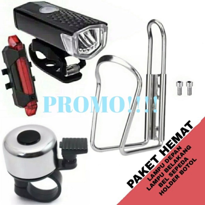 Super PROMO Lampu Depan + Belakang + Holder Botol + Bel Sepeda