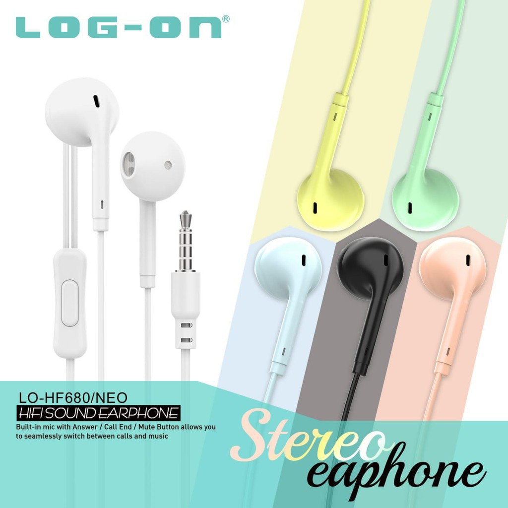 Headset LOG ON LO-HF680 Macaron Stereo Sound NEO Earphone with Microphone Answer Call Ended Mute But